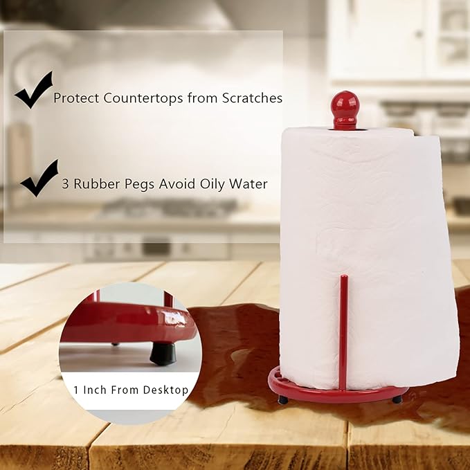 Red Cast Iron Paper Towel Holder for Kitchen Countertop - Vintage Freestanding Stand with Heavy Weighted Base, Retro Farmhouse Decor, Fits Jumbo Rolls, Easy One-Handed Tear