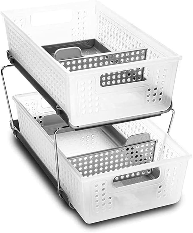 madesmart 2-Tier Plastic Multipurpose Organizer with Divided Slide-Out Storage Bins, Under Sink & 2-Tier Plastic Multipurpose Organizer with Divided Slide-Out Storage Bins