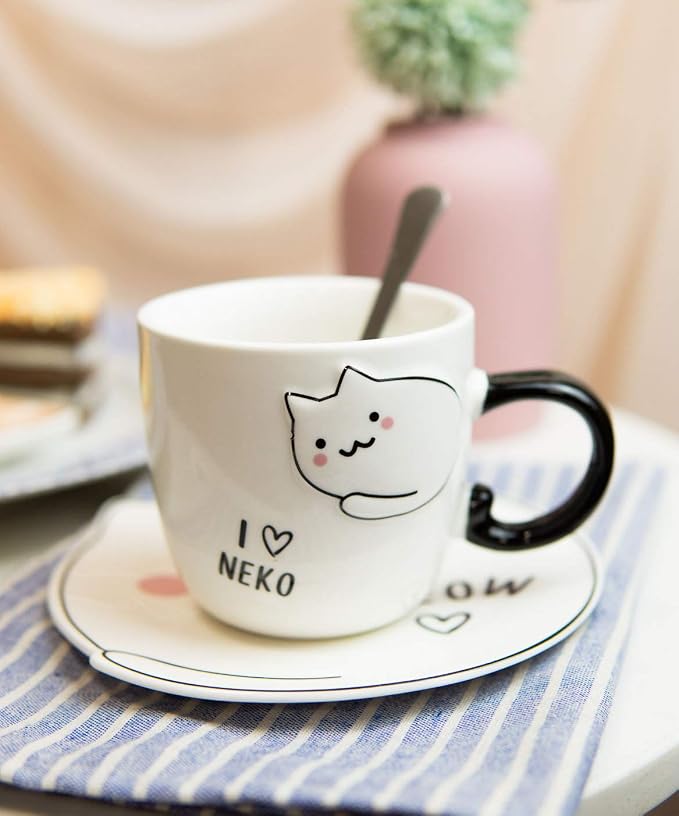 Ebros Pack Of 2 Crazy For Cats Maneki Neko Porcelain Coffee Tea Mug Cup 8oz With Saucer Tray And Notched Spoon Animal Pets Kittens Mugs Cups Kids And Adults Drinkware (White Pink Blushes)