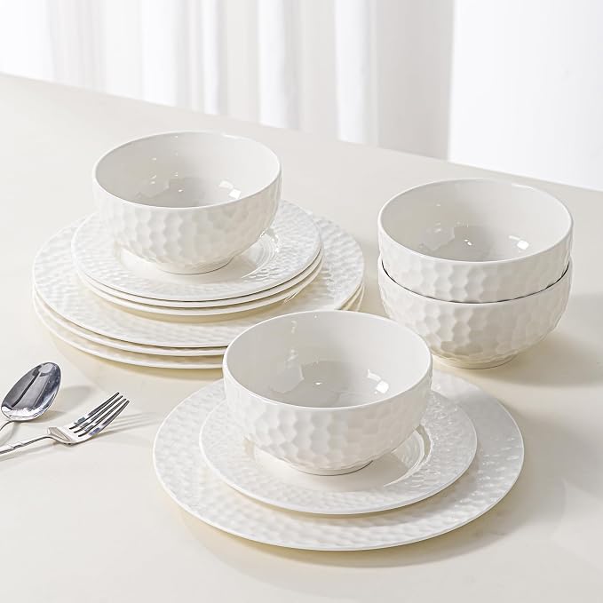 16-Piece Ceramic Dinnerware Set for 4, Water Cube Texture Dishes and Plates Sets, Includes Mugs, Plates and Bowls, Minimalist High-Temperature Reinforced Porcelain, White
