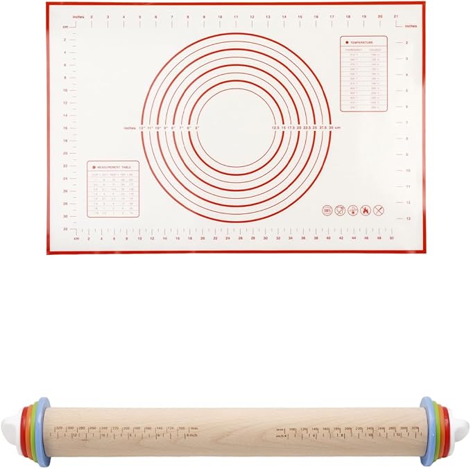 16.7" Rolling Pin with Adjustable Thickness Rings, Wooden Dough Roller, Rolling Pins for Baking, Fondant, Pizza, Pie Crust, Cookie, Pastry, Roller Rod for Dough Thickness, 2-Piece Set