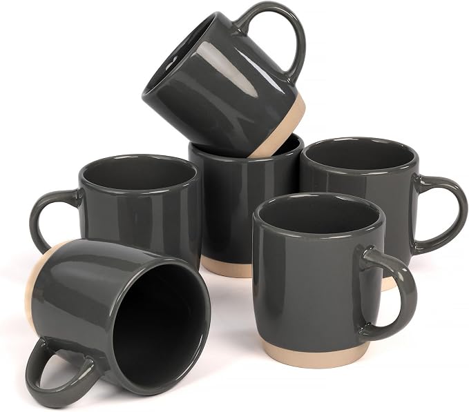 OTAGO Coffee Mugs for 6, 12 oz Mug Set, Partially Unglazed Base,Dringking Cup with Handle for Coffee, Tea, Cocoa, Milk, Gray
