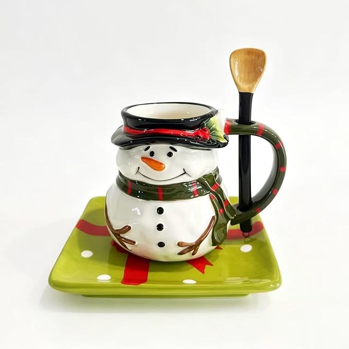 Ceramic Christmas Tea Cup and Saucer Set ，220ML(7.5OZ) 3D Hand-painted Christmas Snowman Coffee Mug，Rectangular Saucer, Spoon