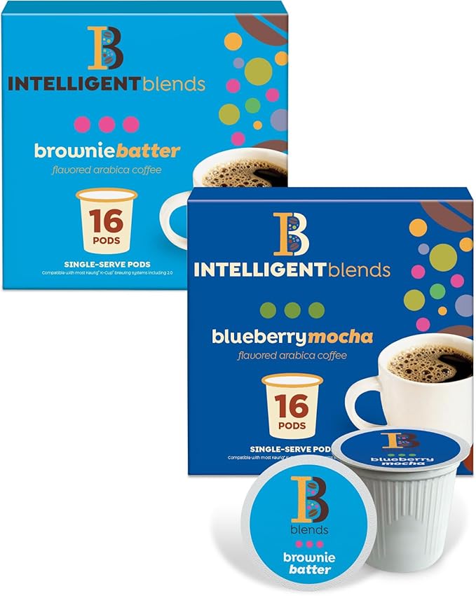 Intelligent Blends Blueberry Mocha & Brownie Batter Flavored Coffee Pods Variety Pack, 32 ct, Medium Roast Single Serve Pods – 100% Arabica Coffee, Compatible with Keurig K Cups Maker