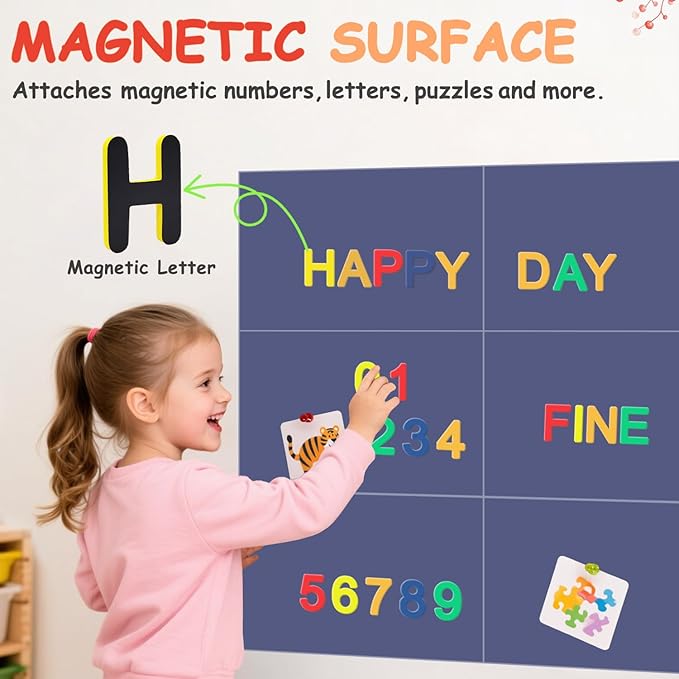 Magnetic Chalkboard Wall Decal Set of 6 Peel and Stick Magnet Sheets with Chalk Tangram Puzzle and Multiple Accessories Dusty Blue Magnetic Chalk Boardfor Home Playroom and Classroom