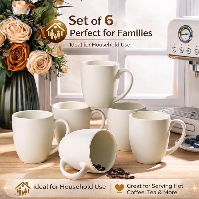 GBhome 12oz Coffee Mugs Set of 6, Large Ceramic Coffee Mugs for Man, Woman, Dad, Mom, Modern Coffee Mugs Set with handle for Tea/Latte/Cappuccino/Milk/Cocoa. Dishwasher&Microwave Safe,ivory