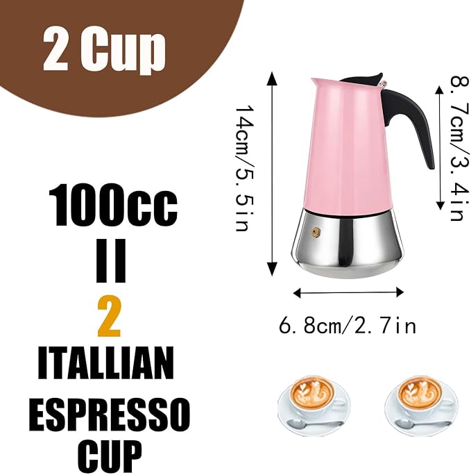 2 Cup Stovetop Espresso Maker Stainless Steel Moka Pot Stove Top Percolator Italian Coffee Makers Capable Mocha Greca Machine Cafe Classic Induction Cookers for Home and Camping 100ml 3.3oz