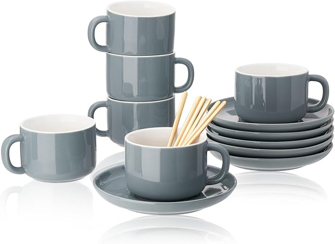 8oz Cappuccino Cups Set of 6, Tea Cups with Saucers and Spoons, Gray Ceramic Tea Cups Set Coffee Mugs for Tea Cappuccino Espresso Latte Mocha Au Lait Macchiato Cafe