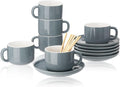 8oz Cappuccino Cups Set of 6, Tea Cups with Saucers and Spoons, Gray Ceramic Tea Cups Set Coffee Mugs for Tea Cappuccino Espresso Latte Mocha Au Lait Macchiato Cafe