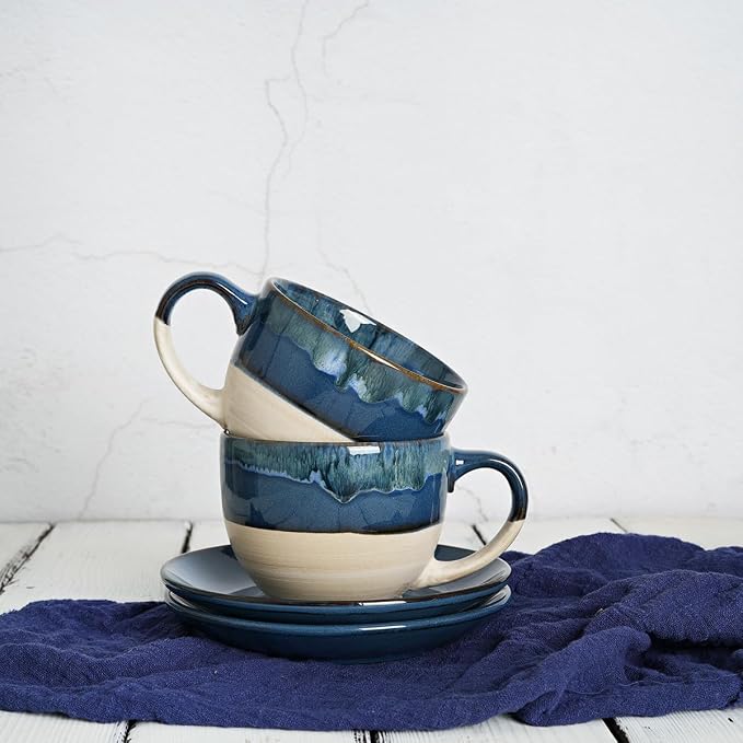 Bosmarlin Ceramic Cappuccino Cup and Saucer Set of 2, 10 Oz, Coffee Cups for Latte, Espresso, Tea, Dishwasher and Microwave Safe, Reavtive Glaze (Deep Blue)