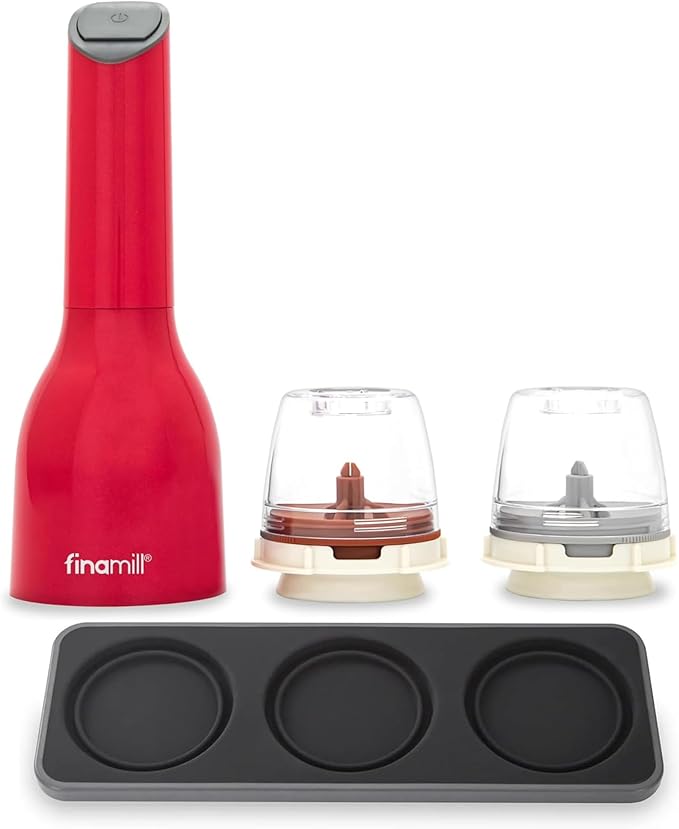 FinaMill Classic Battery-Operated Spice Mill Bundle with Slate Trio Stackable Tray – One-Handed Grinder with Interchangeable Pods, Space-Saving Spice Organizer, Valentine’s Day Gift for Food Lovers