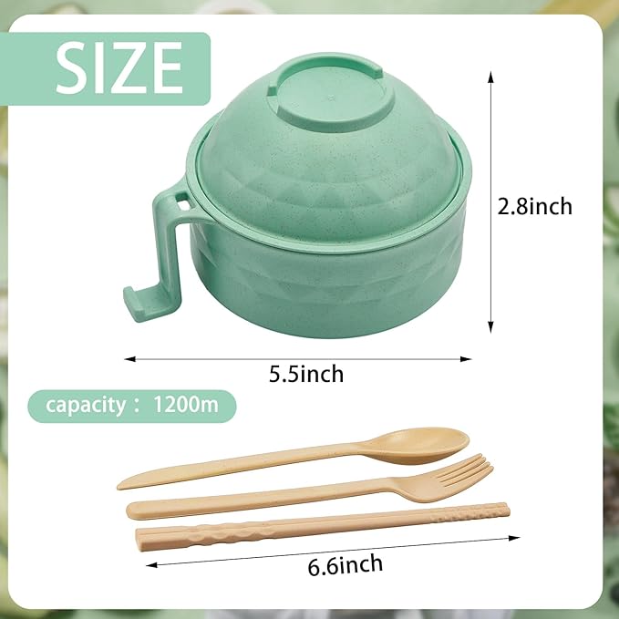 2 Sets Microwave Ramen Bowl 40 oz Wheat Fiber Portable Instant Noodle Cooker Bowl with Handles Strainer Spoon Chopstick Fork College Dorm Room Apartment Essentials(Beige, Light Green)