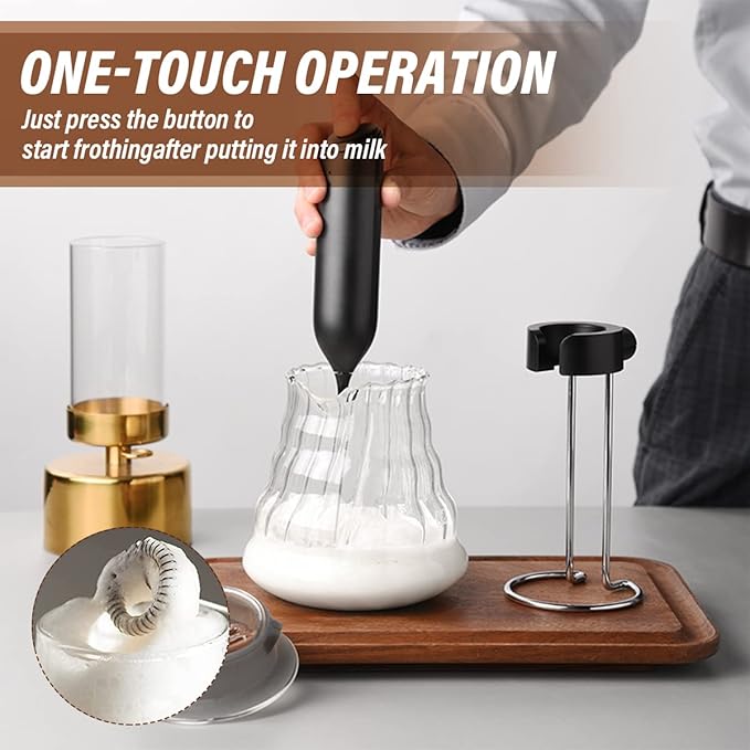 Rechargeable Milk Frother Handheld for Coffee, Stirrers Electric Whisk with Wall Mounted Stand, Drink Mixer Hand Frother Wand for Coffee, Matcha, Frappe, Hot Chocolate and Lattes(Black)