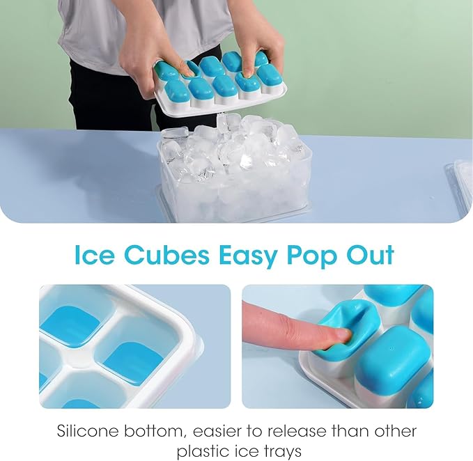 DOQAUS Ice Cube Tray with Lid and Bin - 4 Pack Silicone Ice Cube Trays for Freezer, Stackable Ice Bucket Kits with Storage Container & Scoop for Kitchen, RV, Cocktail, Coffee
