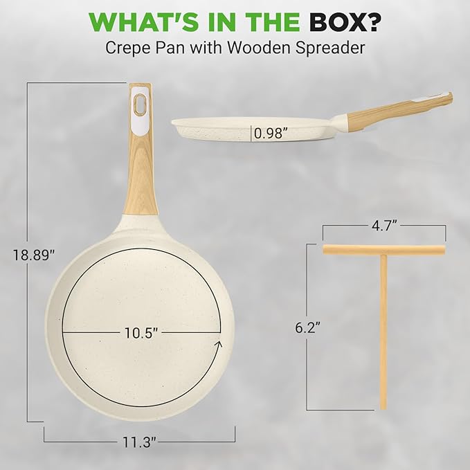 NutriChef 11” Non-Stick Crepe Pan with Wooden Spreader, Durable Marble Coated Tawa Pan for Roti Indian, Comal para Tortillas and Tacos With Induction Bottom, Round Griddle (White Cream Marble)