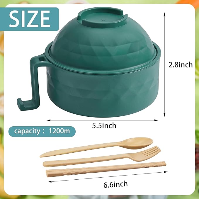 2 Sets Microwave Ramen Bowl 40 oz Wheat Fiber Portable Instant Noodle Cooker Bowl with Handles Strainer Spoon Chopstick Fork College Dorm Room Apartment Essentials(Green, Yellow)