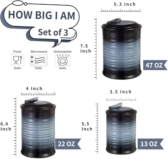 Nihow Food Storage Jar,Ceramic Canister Sets for The Kitchen,Set of 3,Gray | Air Tight Lid,Seal Damp-proof,For Flour/Sugar/Rice/Coffee/Cookies/Candy,Kitchen Counter Canister/Dishwasher Safe