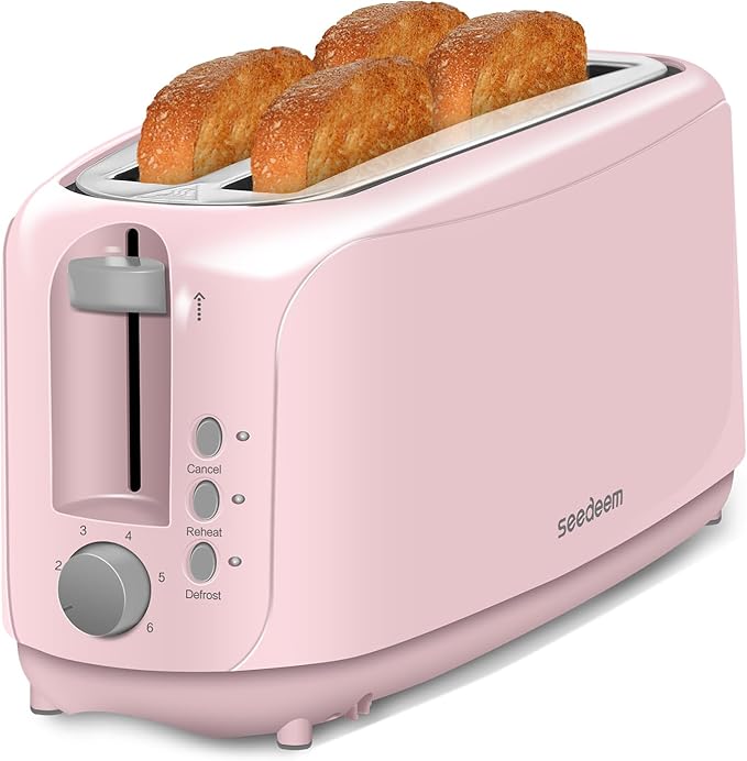 SEEDEEM 4 Slice Toaster, Extra Wide Slots Bread Toaster with 6 Shade Settings, Bagel/Cancel/Defrost/Reheat Functions, Removable Crumb Tray, Auto Shut-Off, Pink