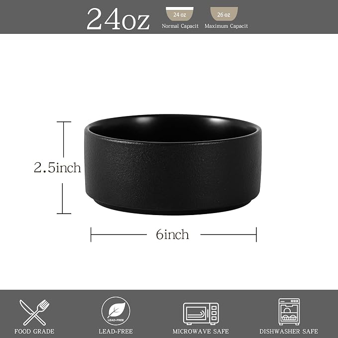 Stoneware Cereal and Soup Bowls Set of 4, 6 Inch Matte Glaze Ceramic Bowls for Breakfast & Oatmeal, Microwave and Dishwasher Safe, Matte Black