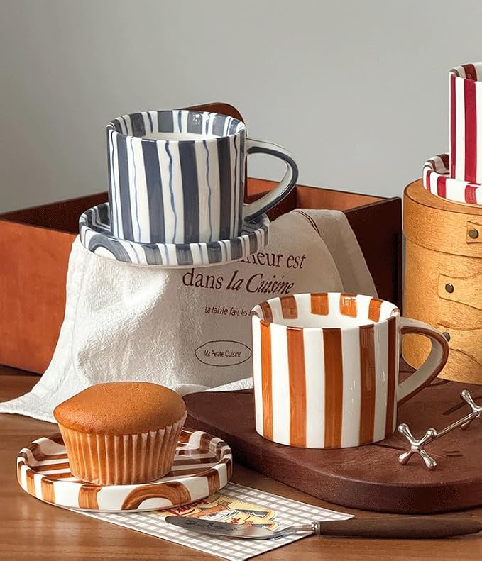 Cup and Saucer Set Hand-Painted Red Stripes, 8 Oz Ceramic Coffee Mug, Espresso Cups, Porcelain Coffee Cup for Cappuccino, Espresso, Coffee, Tea, Cafe Mocha, Latte, Set of Cup Gift for Coffee Lover