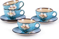 8 Oz Floral Porcelain Cappuccino Cups with Saucers Set of 4, Stoneware Tea Coffee Mugs for Home Kitchen & Office, Dishwasher Microwave Oven Safe, for Espresso, Latte, Americano, Milk & Tea, Blue
