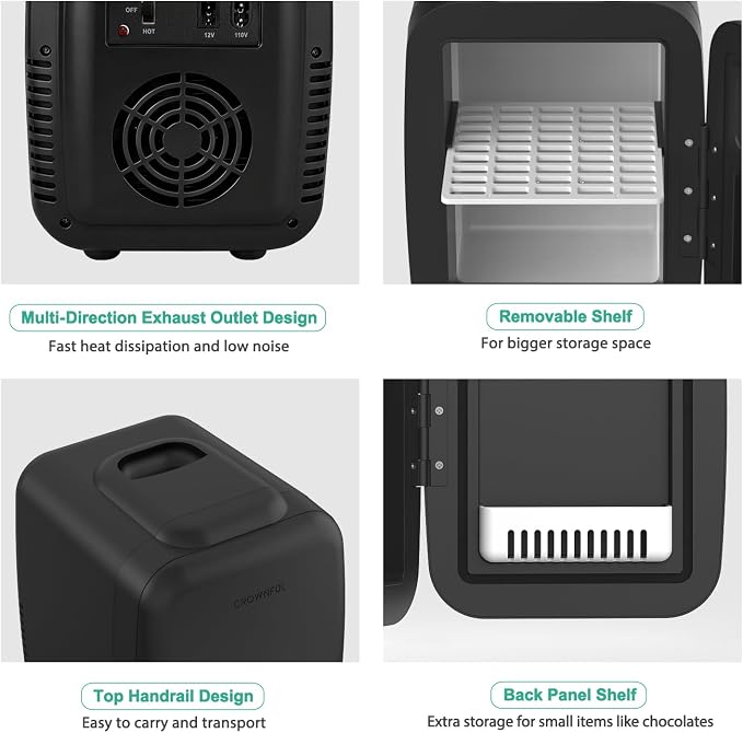 CROWNFUL Mini Fridge, 4 Liter/6 Can Portable Cooler and Warmer Personal Fridge for Skin Care, Cosmetics, Food,Great for Bedroom, Office, Car, Dorm, ETL Listed (Black)