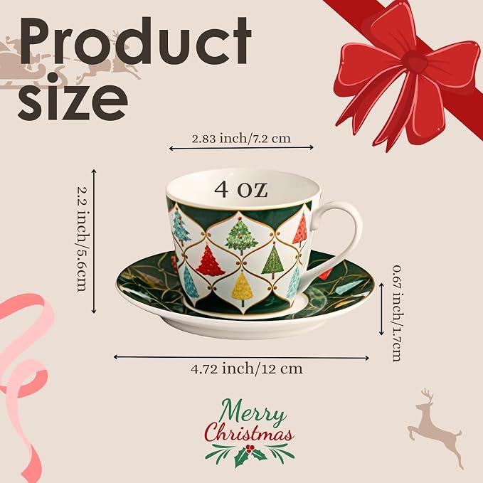 Espresso Cups and Saucers Set of 2, 4 oz Ceramic Small Coffee Mug with Handle,Green Gold Festive Tree Pattern for Tea, Latte, Cafe, Microwave & Dishwasher Safe, Decorative Holiday Gift Box