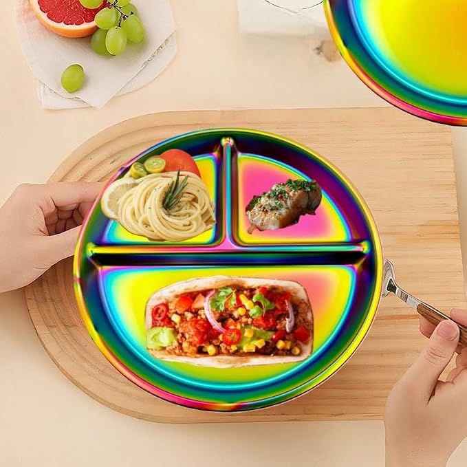 12-Piece Stainless Steel Rainbow Dinnerware Set for 4 | Unbreakable Reusable, Divided Plates Bowls Cups, Round, Dishwasher Safe, For Kitchen Camping Picnic RV