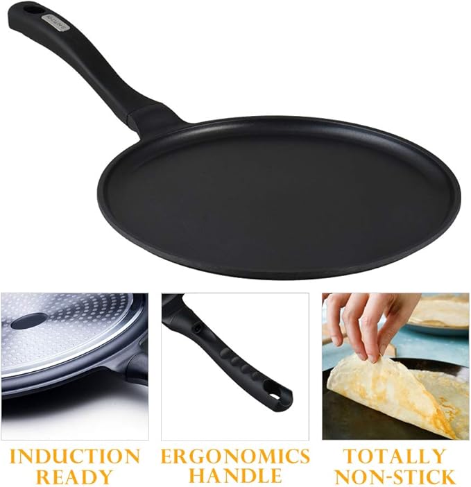 S·KITCHN Crepe Pan Nonstick Dosa Pan for Roti Indian, Non-Stick Pancake Griddle Compatible with Induction Cooktop, Comal for Tortillas - 11IN