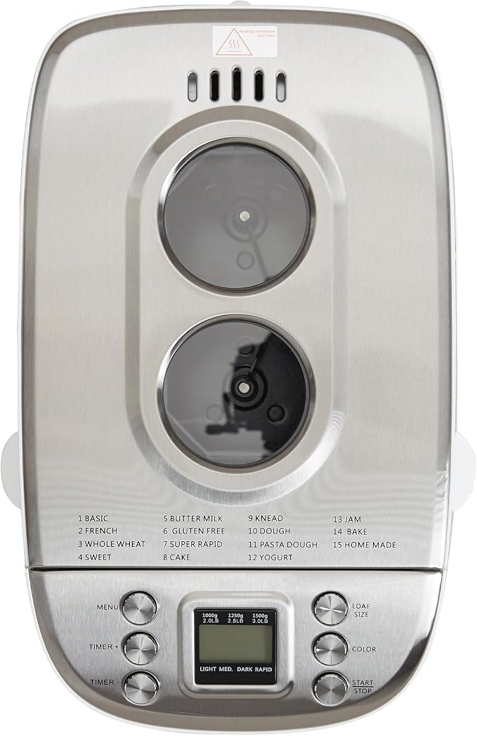 VEVOR Bread Maker, Dough Machine 15 Menus in 1, Non-Stick Ceramic Pan Automatic Breadmaker with Non-Gluten Setting, Whole Wheat Bread Making, Digital, Programmable, 3 Loaf Sizes, 3 Crust Colors, White