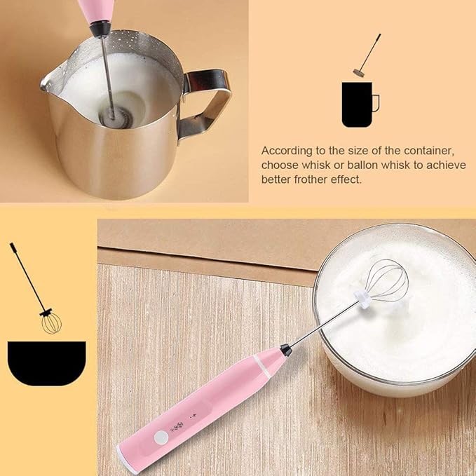 Rechargeable Electric Milk Frother, 3 - Speed Handheld Coffee Mixer with USB Charging, Includes Balloon Whisk for Latte Art, Egg Beating, and Sauce Mixing (pink)
