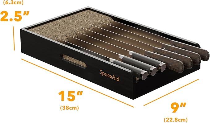SpaceAid Knife Drawer Organizer 9 inches Wide Bamboo Insert Dock, Kitchen Steak Knives Holder Organizers Block for Drawer in Storage Organization (Medium, Black)