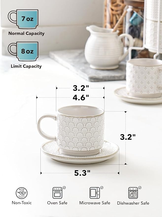 LE TAUCI 8 oz Stackable Latte Cups with Saucers and Stand, Set of 4, Large Ceramic Coffee Cup and Saucer Set for Tea, Cafe Au Lait, Microwave & Oven Safe - Embossed White
