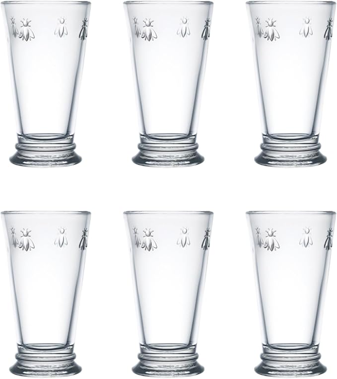 La Rochere, Set of 6, Tall Drinking Glasses (6.3" Tall - High Ball), 15.6 Oz Each, Napoleonic Bee Pattern