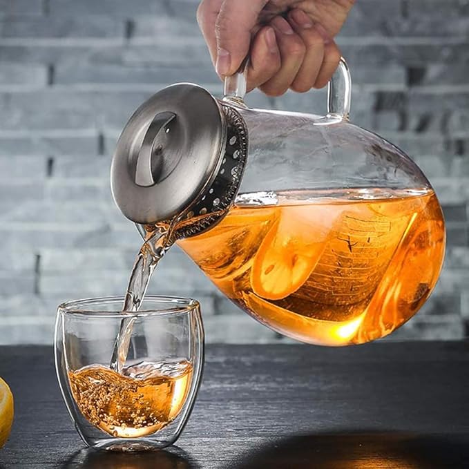 Water Jug 1.8L Glass Water Jug with Stainless Steel Lid for Hot/Cold Juice, Tea, Milk and Coffee, Glass Water Pot with Filter