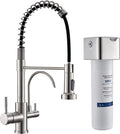 GIMILI 3 in 1 Kitchen Faucet with Pull Down Sprayer Brushed Nickel Two Handle Kitchen Sink Faucet with Under Sink Water Filter System Reduces PFAS, PFOA/PFOS, Lead, Chlorine, Bad Taste & Odor