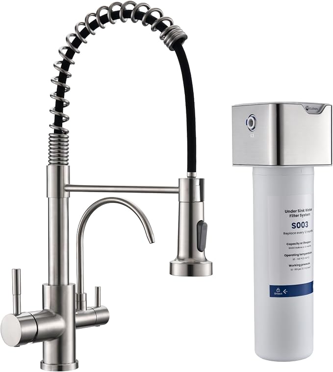 GIMILI 3 in 1 Kitchen Faucet with Pull Down Sprayer Brushed Nickel Two Handle Kitchen Sink Faucet with Under Sink Water Filter System Reduces PFAS, PFOA/PFOS, Lead, Chlorine, Bad Taste & Odor