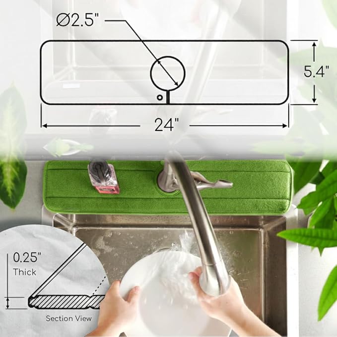 Ternal Original SINKMAT 24in XL Faucet Splash Guard Extra Long Microfiber Sink Drip Catcher Mat Non Slip Countertop Protector Drying Pad Kitchen Bathroom RV Machine Washable [Moss Green]