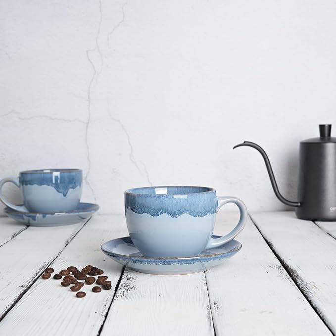 Bosmarlin Ceramic Cappuccino Cup and Saucer Set of 2, 10 Oz, Coffee Cups for Latte, Espresso, Tea, Dishwasher and Microwave Safe, Reavtive Glaze (Blue)