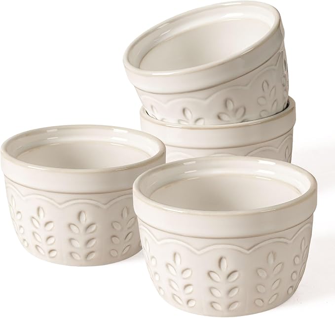 Artena Ramekins Oven Safe, Creme Brulee Ramekins, Embossed White Ceramic Souffle Pudding Custard Cups, Baking Dish, Dipping Bowls, Sauce Cups, Set Of 4 (4 oz, Wheat Leaf)