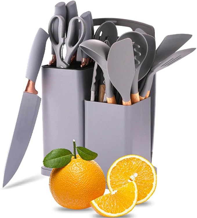 19 in 1 Kitchen Utensils and Knife Set with Storage, Include 11 Piece Silicone Cooking Utensils 5 Pcs Sharp Stainless Steel Chef Knives Scissors Whisk Tongs and Cutting Board GrEY