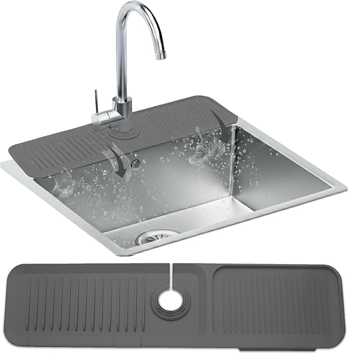 24 Inch Longer Faucet Mat for Kitchen Sink| 5° Slope Fast Self-Draining Sink Splash Guard | Multipurpose Faucet Mat Foldable Durable No Smell | Cut-to-Fit Opening Up to 2.6in | Dark Grey