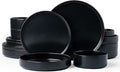 Famiware Nebula Ridge Stoneware Dinnerware Sets with Pasta Bowls, Plates and Bowls Sets, Service for 4 (16 Pieces), Microwave and Dishwasher Safe Kitchen Plates, Matte Black