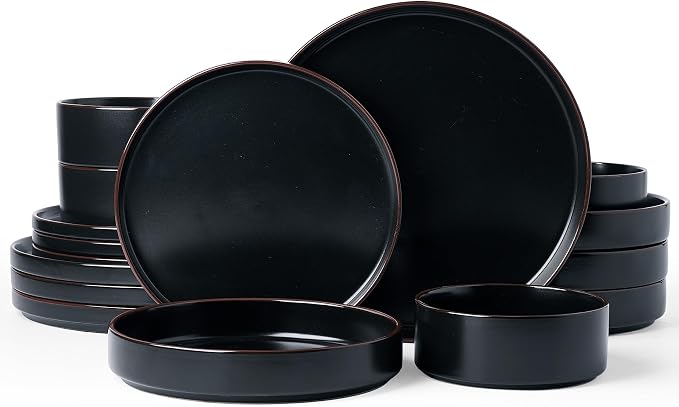 Famiware Nebula Ridge Stoneware Dinnerware Sets with Pasta Bowls, Plates and Bowls Sets, Service for 4 (16 Pieces), Microwave and Dishwasher Safe Kitchen Plates, Matte Black