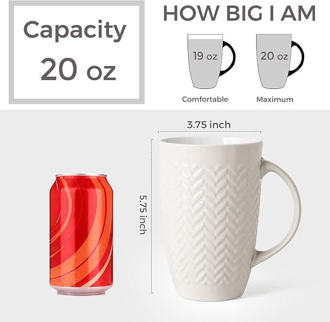 AmorArc Extra Large Coffee Mugs Set of 6, 20oz Ceramic Tall Coffee Mugs Set with Textured Geometric Patterns for Coffee/Tea/Beer/Hot Cocoa, Dishwasher & Microwave Safe,Beige