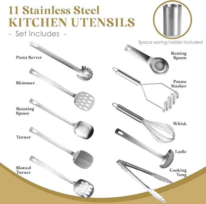 Bartnelli 11-Piece Kitchen Utensils Set with Holder - Non-Stick Stainless Steel Cooking Utensils with Heat-Resistant Handle - Includes Cooking Spoons, Potato Smasher, Slotted Turner, Whisk, and More