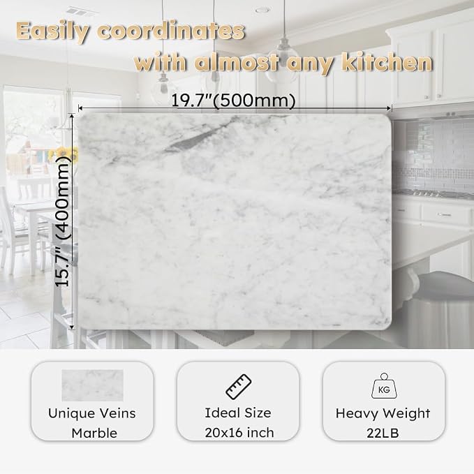 Diflart Natural Marble Stone Cutting Board for Kitchen, 16x20inch, Carrara White, Marble Slab with Non Slip Feets for Pastry, Cheese, Charcuterie, Baking, Rolling Dough, Chocolate Tempering
