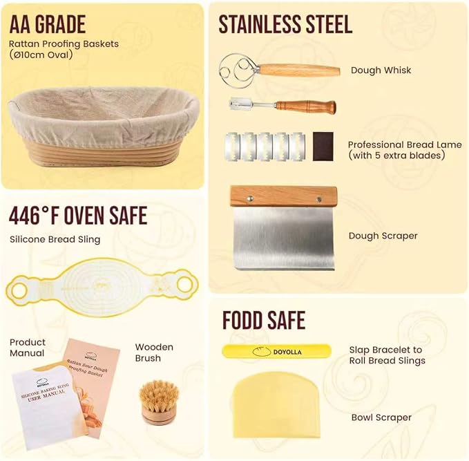 DOYOLLA Bread Proofing Basket Set, Sourdough Starter Kit, Banneton Bread Making Tools with Silicone Bread Sling, Sourdough Bread Making Suppies, Baking Gifts, (Oval,10 inch) | Handmade Rattan