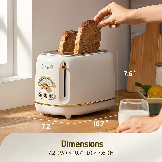 Hazel Quinn 2-Slice Retro Toaster, 6 Browning Levels, 3 Functions-Defrost/Reheat/Cancel, Removable Crumb Tray for Easy to Clean, 1.5 Inches Extra Wide Slots - Pearl White