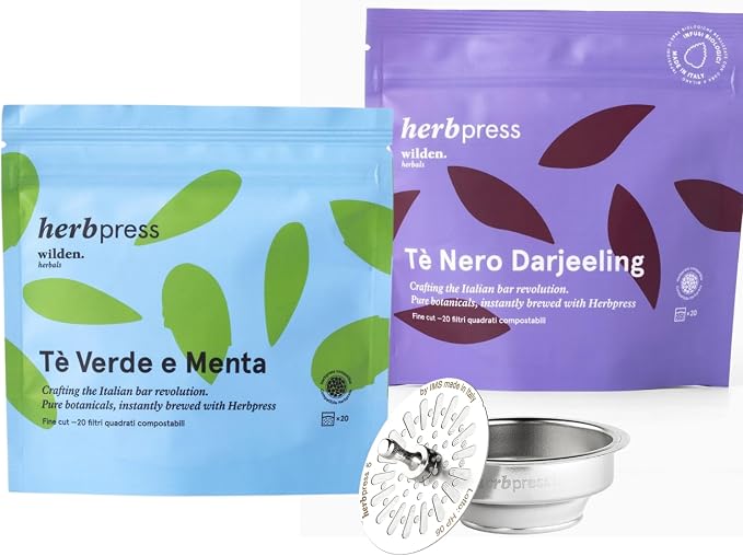 Botanical Infusion Starter Kit – HerbPress Stainless Steel Filter 5 for Espresso Machines + Wilden.herbals Relaxing Herbal Teas (Mint and Green Tea & Darjeeling Black tea, 40 Count)